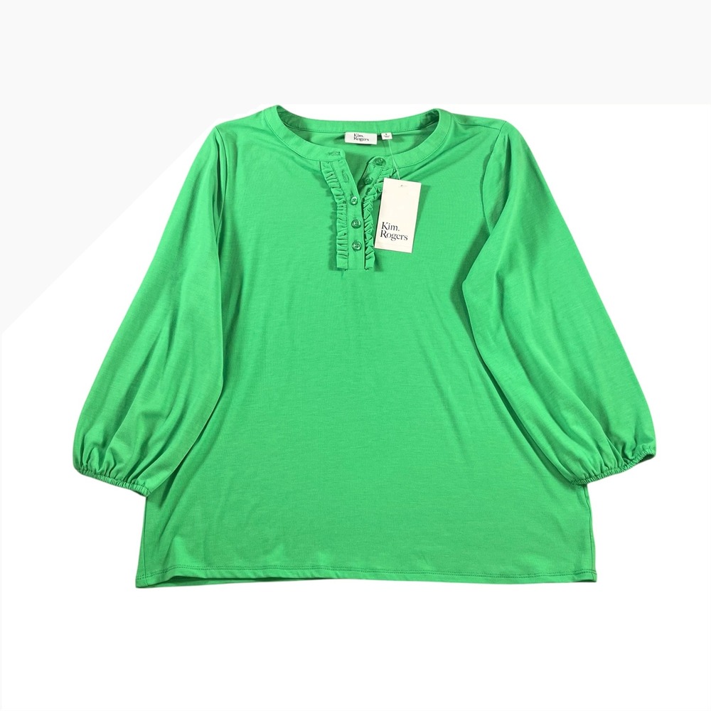Kim‎ Rogers Women Green Ruffle Trim Henley Knit Top 3/4 Sleeve Size Small NWT